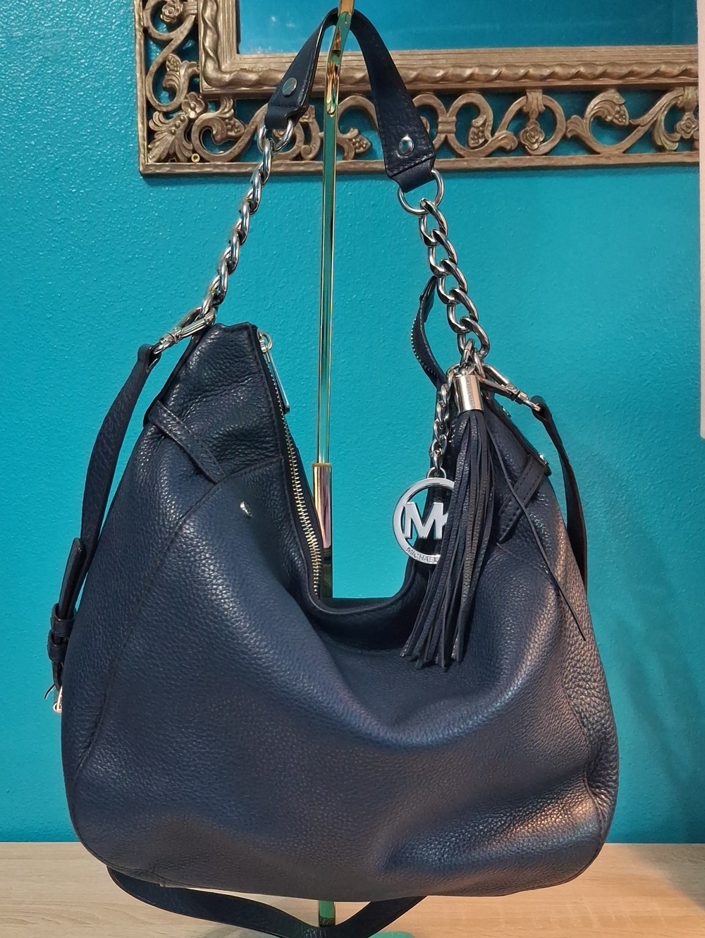Michael Kors Megan Navy Leather Shoulder/Crossbody Bag with Tassel and MK charms